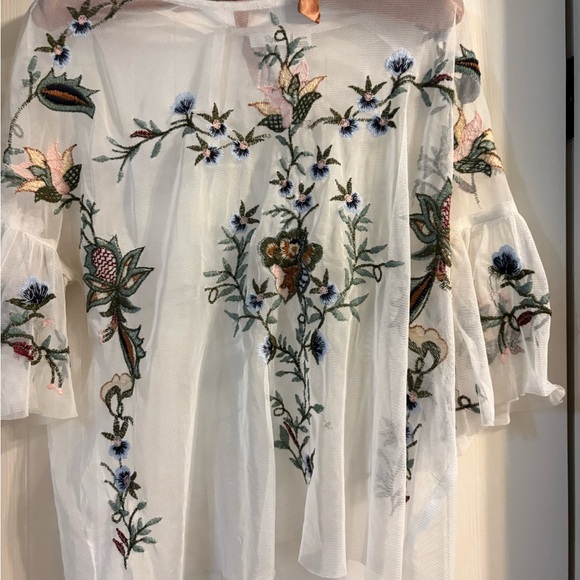 Tops - Floral Embroidered Sheer White Top